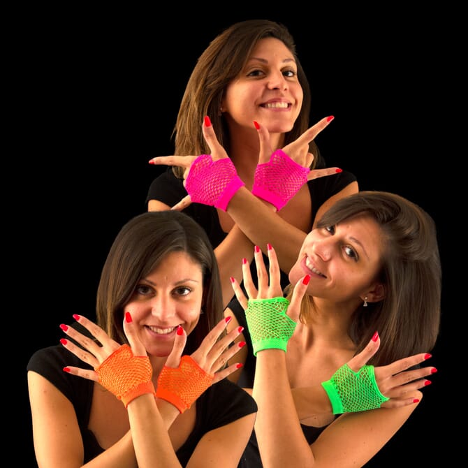 Set di guanti a rete fluo corti - 3 colori